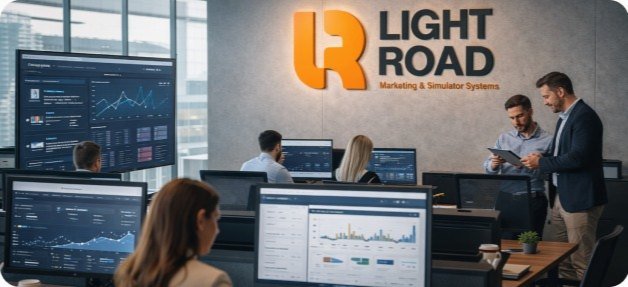 The Light Road office: analysts at multi-screen workstations beneath the wall signage.