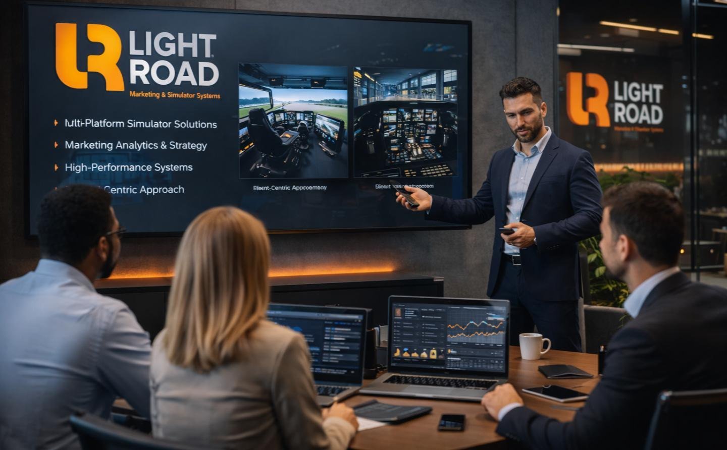 A Light Road consultant presenting multi-platform simulator solutions to a client team.