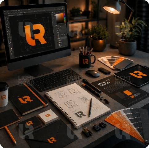 A Light Road brand identity workspace with printed collateral and design tools.