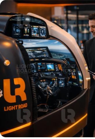 A Light Road simulator cockpit with illuminated instrument displays.