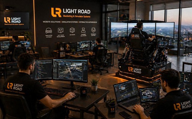 The Light Road studio: engineers at multi-screen workstations beside a full-motion simulator rig.