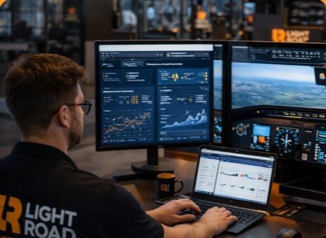 A Light Road analyst reviewing campaign dashboards beside a simulator display.